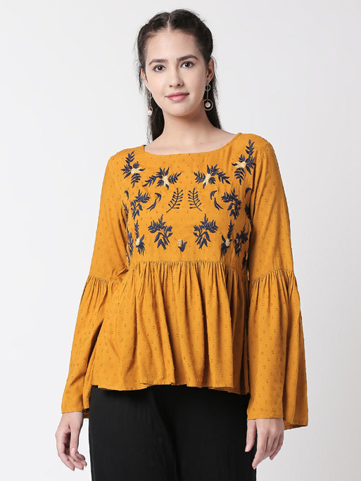Ethnicity Boho Gathered Mustard Textured and Navy Blue Embroidered Top