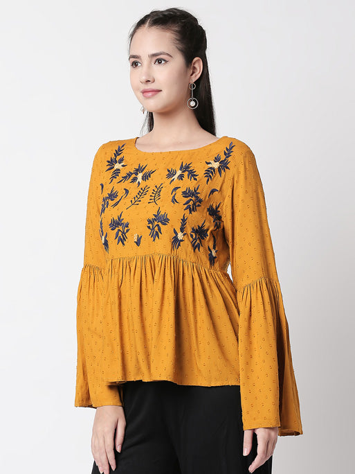 Ethnicity Boho Gathered Mustard Textured and Navy Blue Embroidered Top