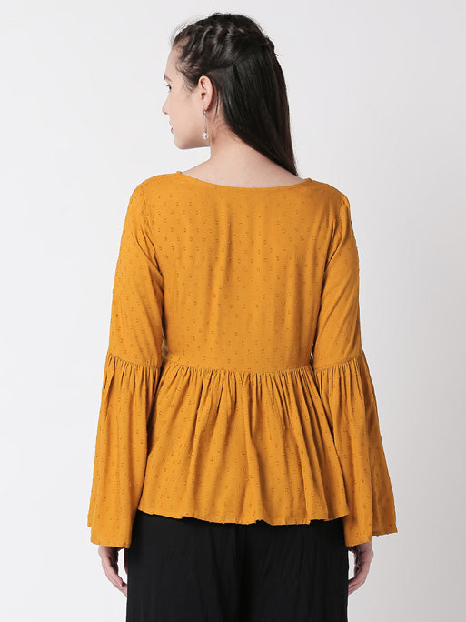 Ethnicity Boho Gathered Mustard Textured and Navy Blue Embroidered Top