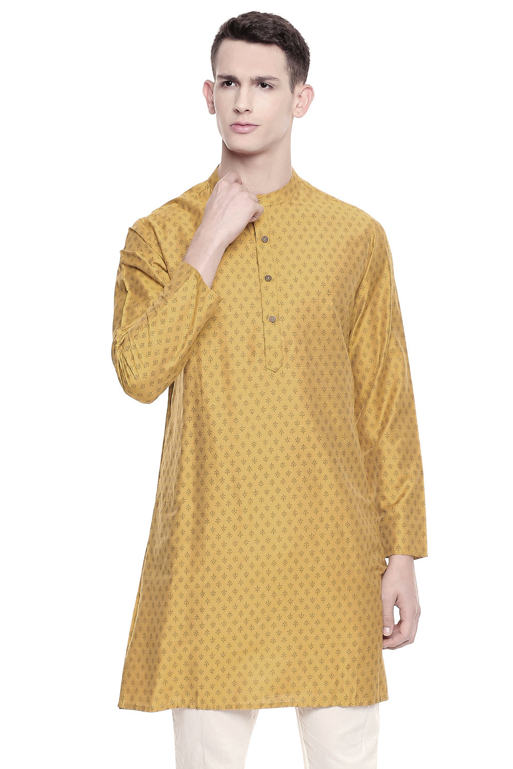 Men's  Indian Traditional Mandarin Kurta Tunic: Mustard | Front view | In-Sattva