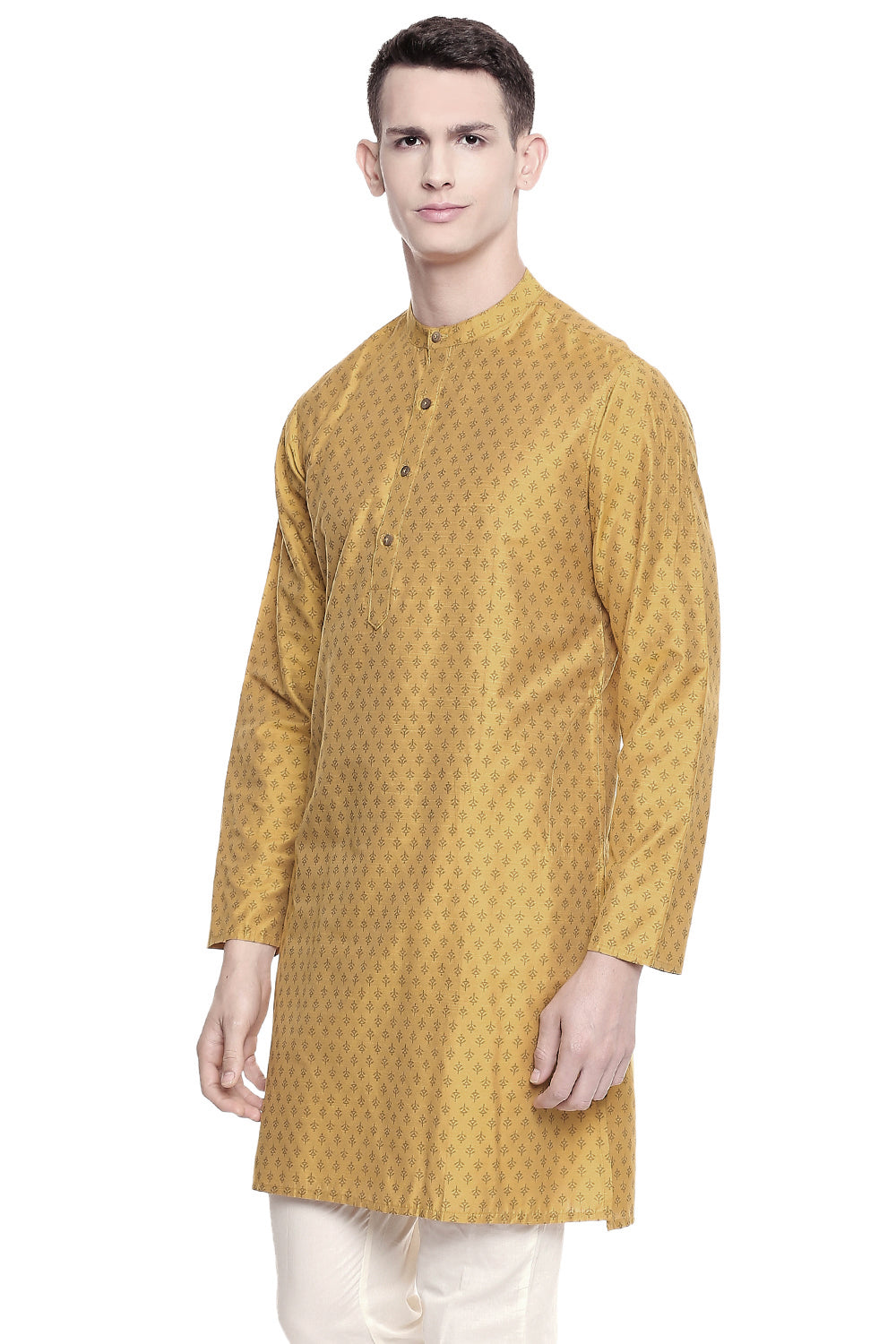 Men's  Indian Traditional Mandarin Kurta Tunic: Mustard | Side view 2 | In-Sattva