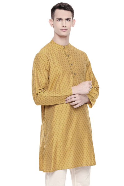 Men's  Indian Traditional Mandarin Kurta Tunic: Mustard | Side view | In-Sattva