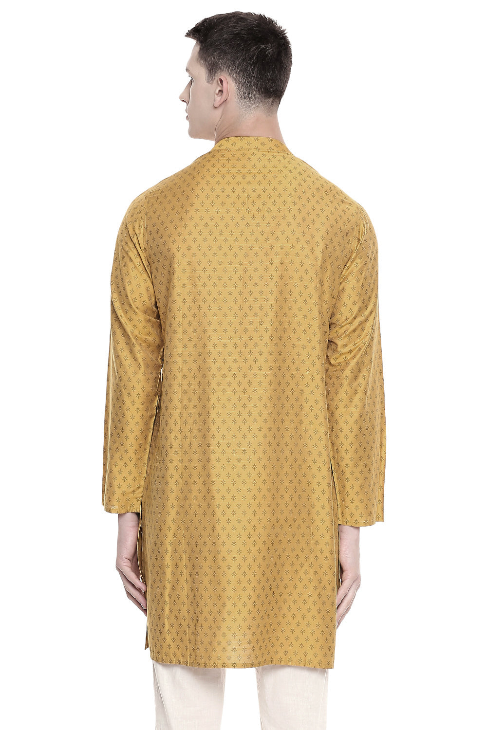 Men's  Indian Traditional Mandarin Kurta Tunic: Mustard | Back view | In-Sattva