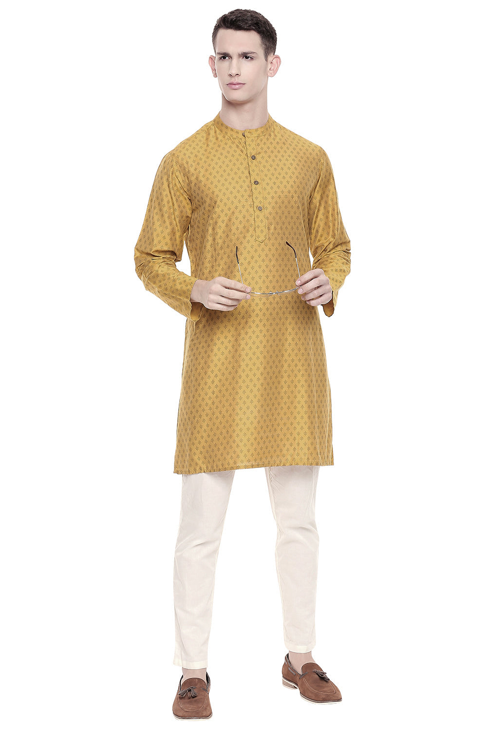 Men's  Indian Traditional Mandarin Kurta Tunic: Mustard | Full view  | In-Sattva