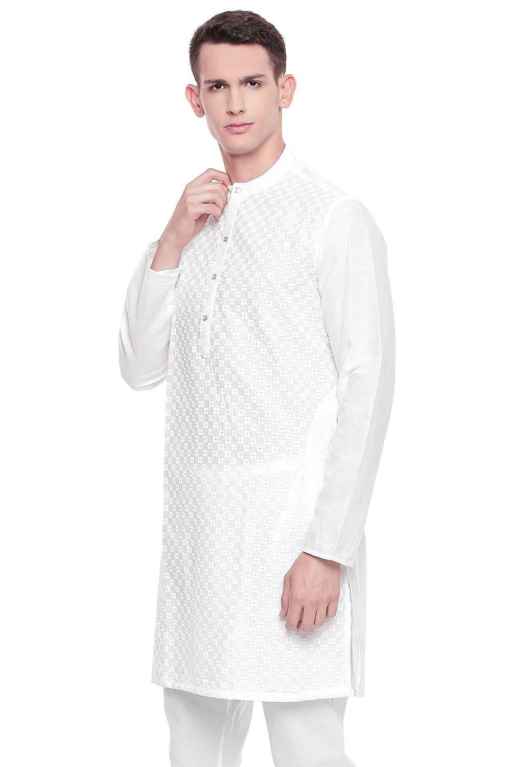 Men's  Indian Traditional Embroidered Mandarin collar Kurta Tunic: Square White | Side view 2 | In-Sattva