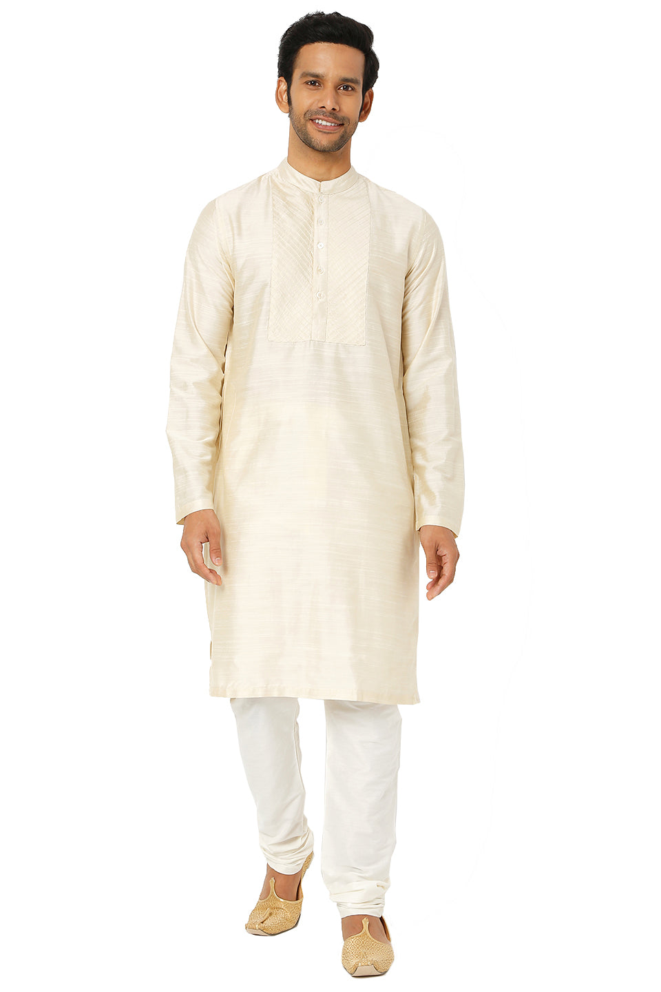 Men's Pearl Beige Kurta Tunic with Embroidered Placket and Yoke Festive | Zoomed Out