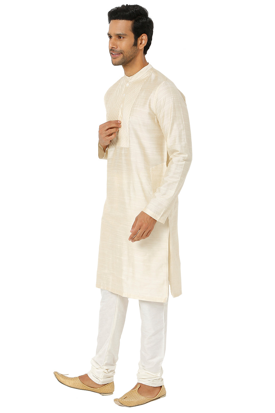Men's Pearl Beige Kurta Tunic with Embroidered Placket and Yoke Festive | Left View