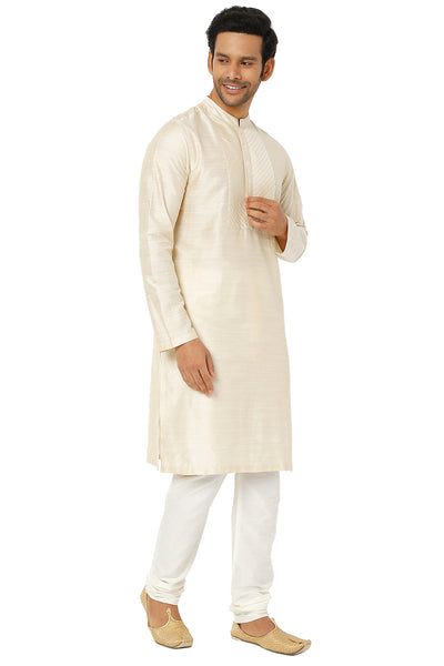 Men's Pearl Beige Kurta Tunic with Embroidered Placket and Yoke Festive | Right View