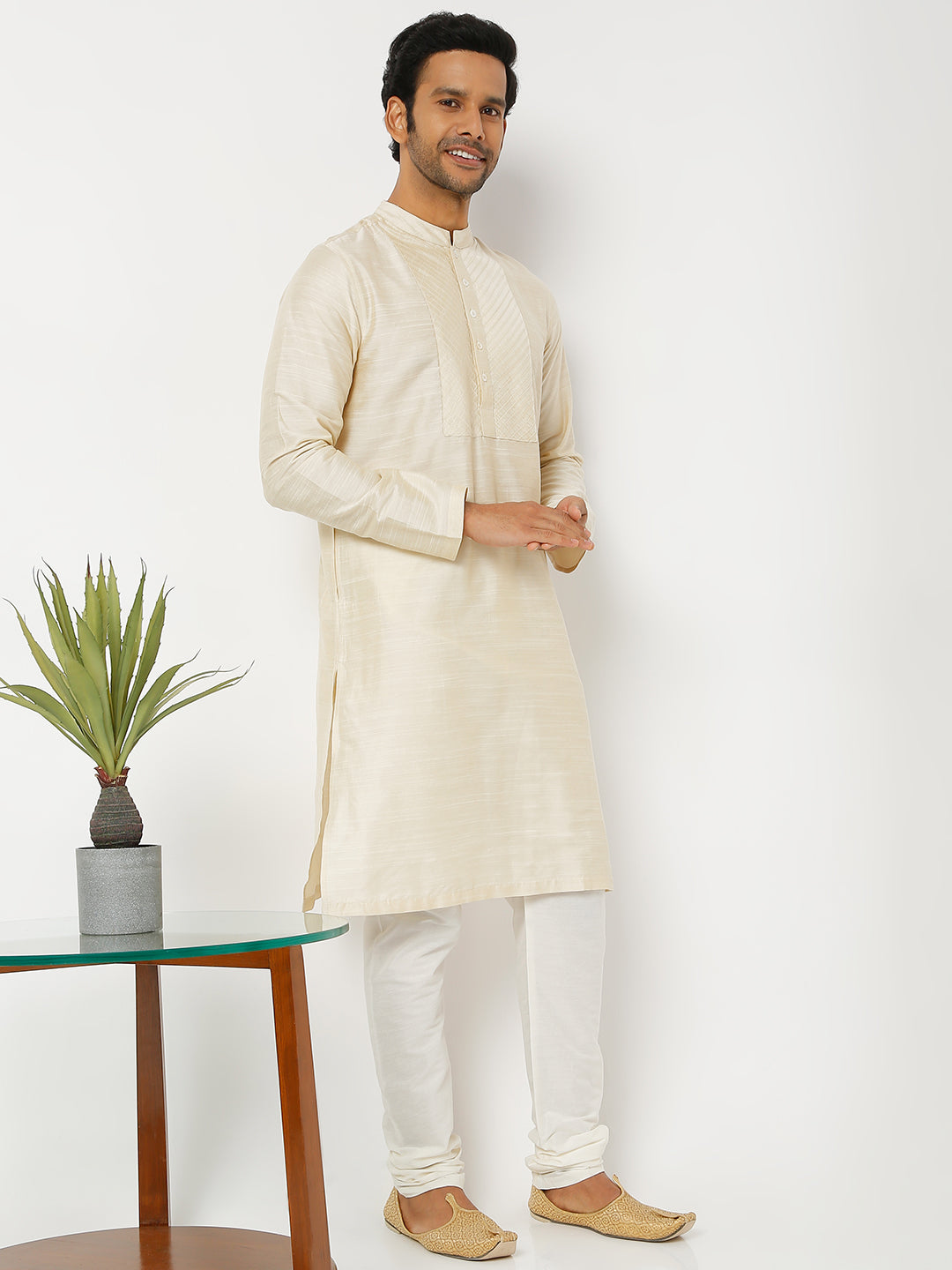 Men's Pearl Beige Kurta Tunic with Embroidered Placket and Yoke Festive | Natural View