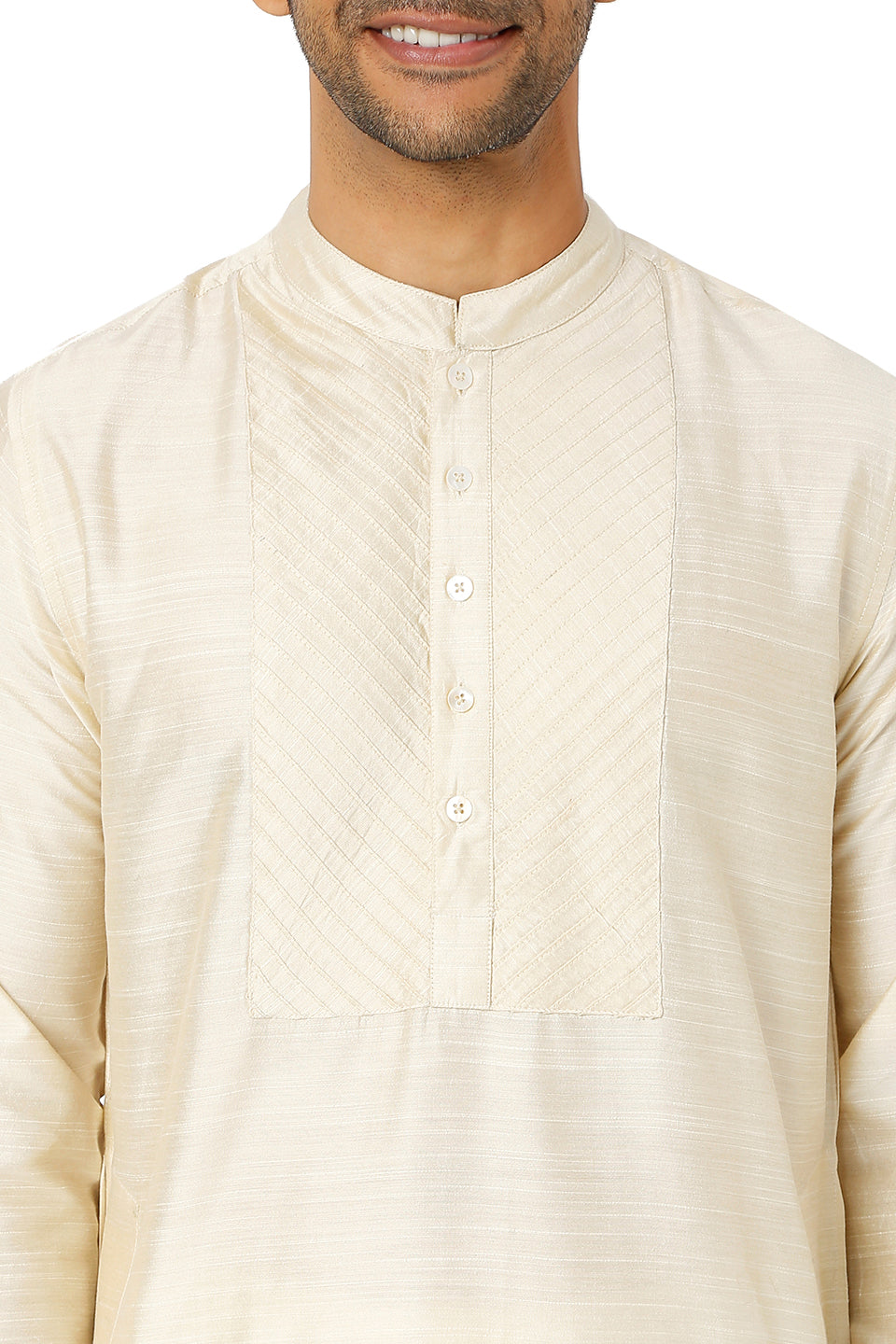 Men's Pearl Beige Kurta Tunic with Embroidered Placket and Yoke Festive | Collar Close Up