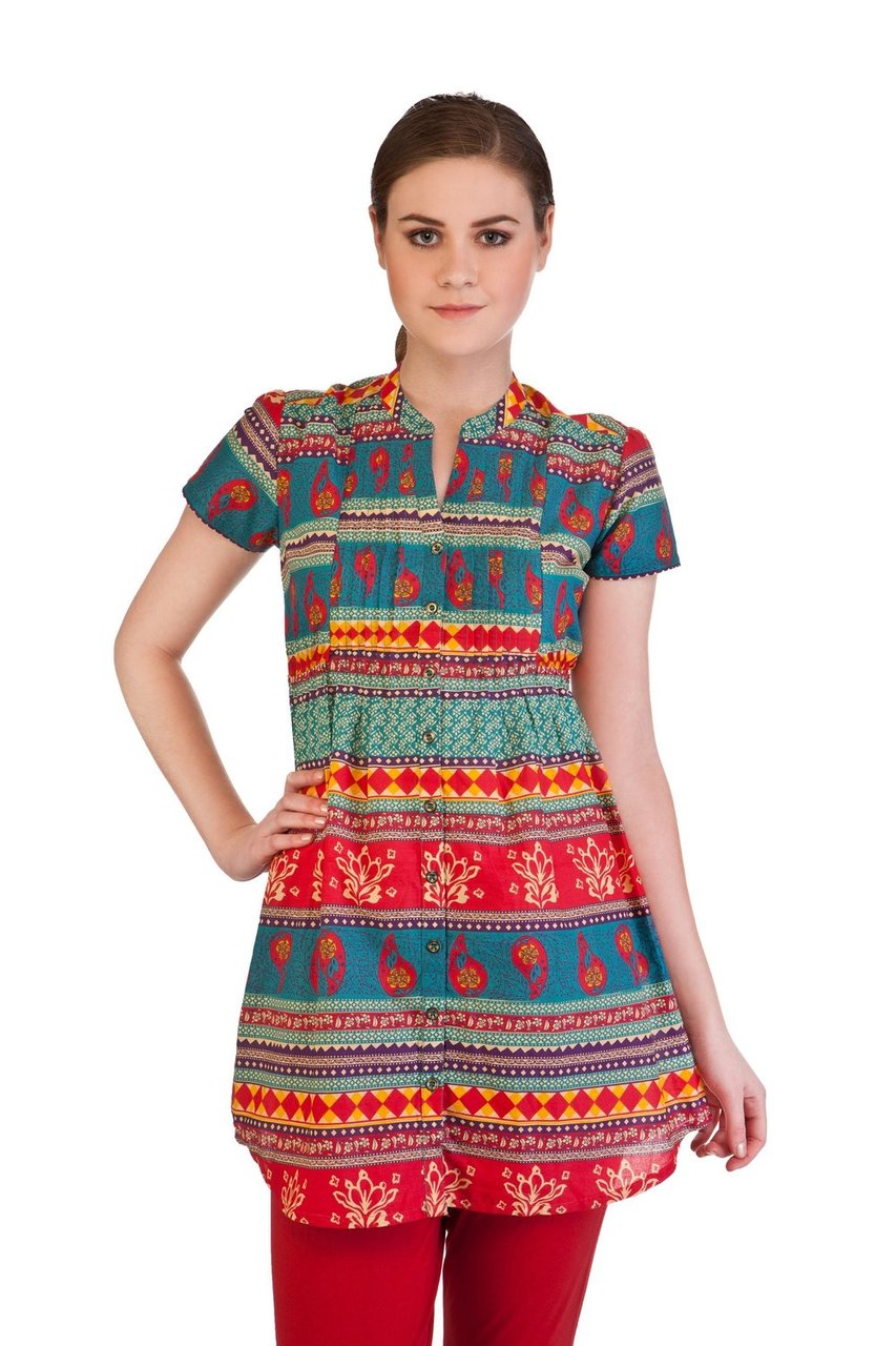 MB Women's Indian Style Clothing Fitted Short Sleeve Kurta Tunic ÛÒ Pink Front