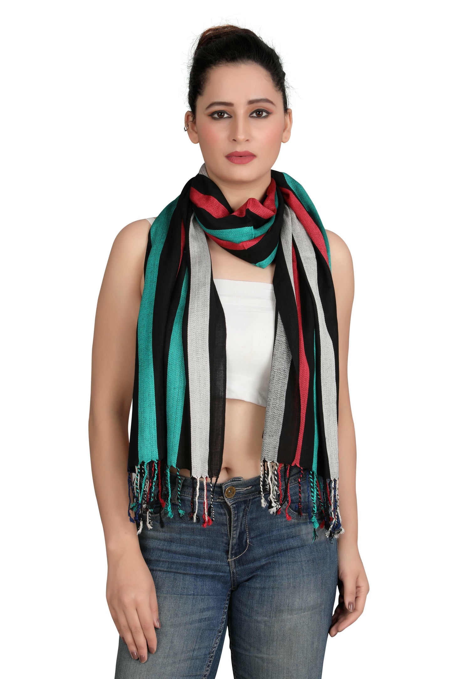 Black Multi-Color Striped Scarf Stole | Natural View