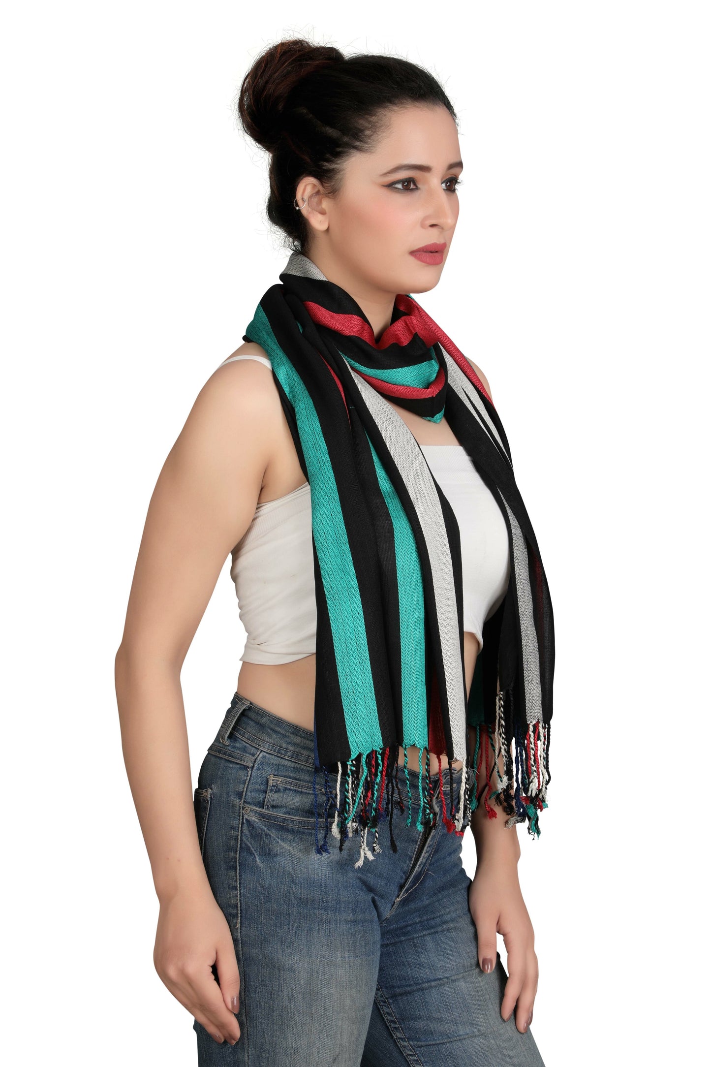 Black Multi-Color Striped Scarf Stole | Natural View