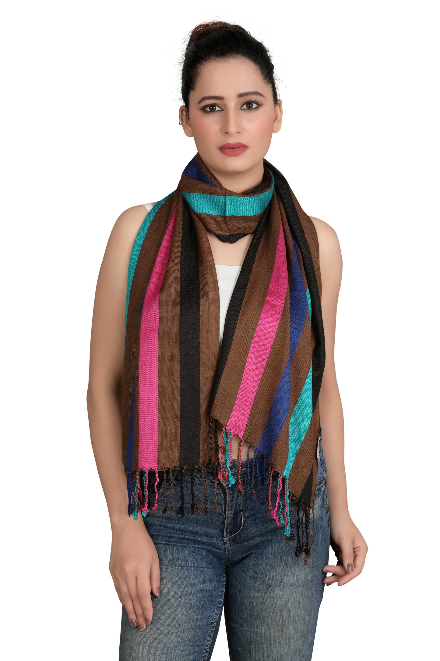 Brown Striped Multi-Color Scarf Stole | Natural View