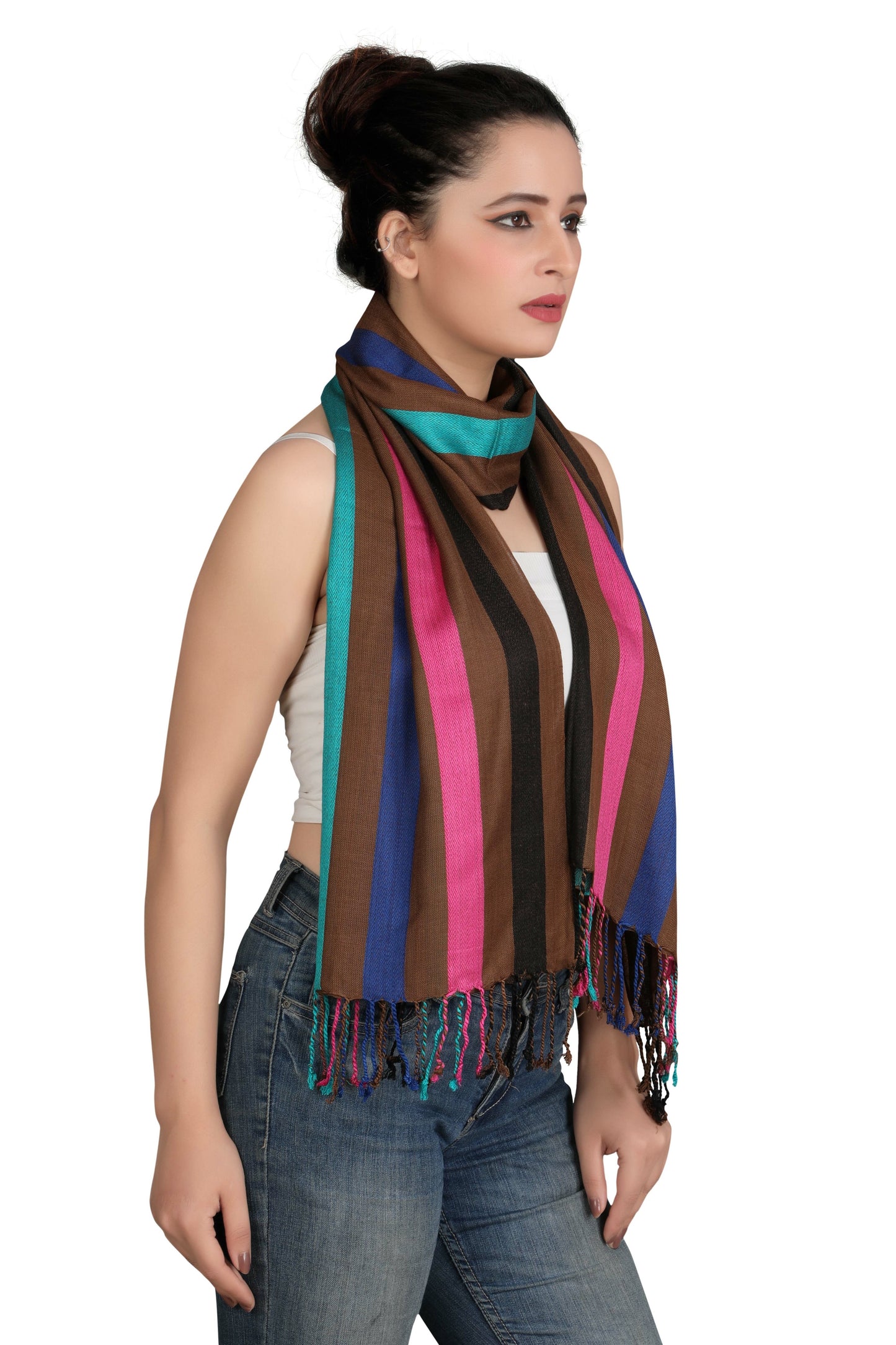 Brown Striped Multi-Color Scarf Stole | Natural View