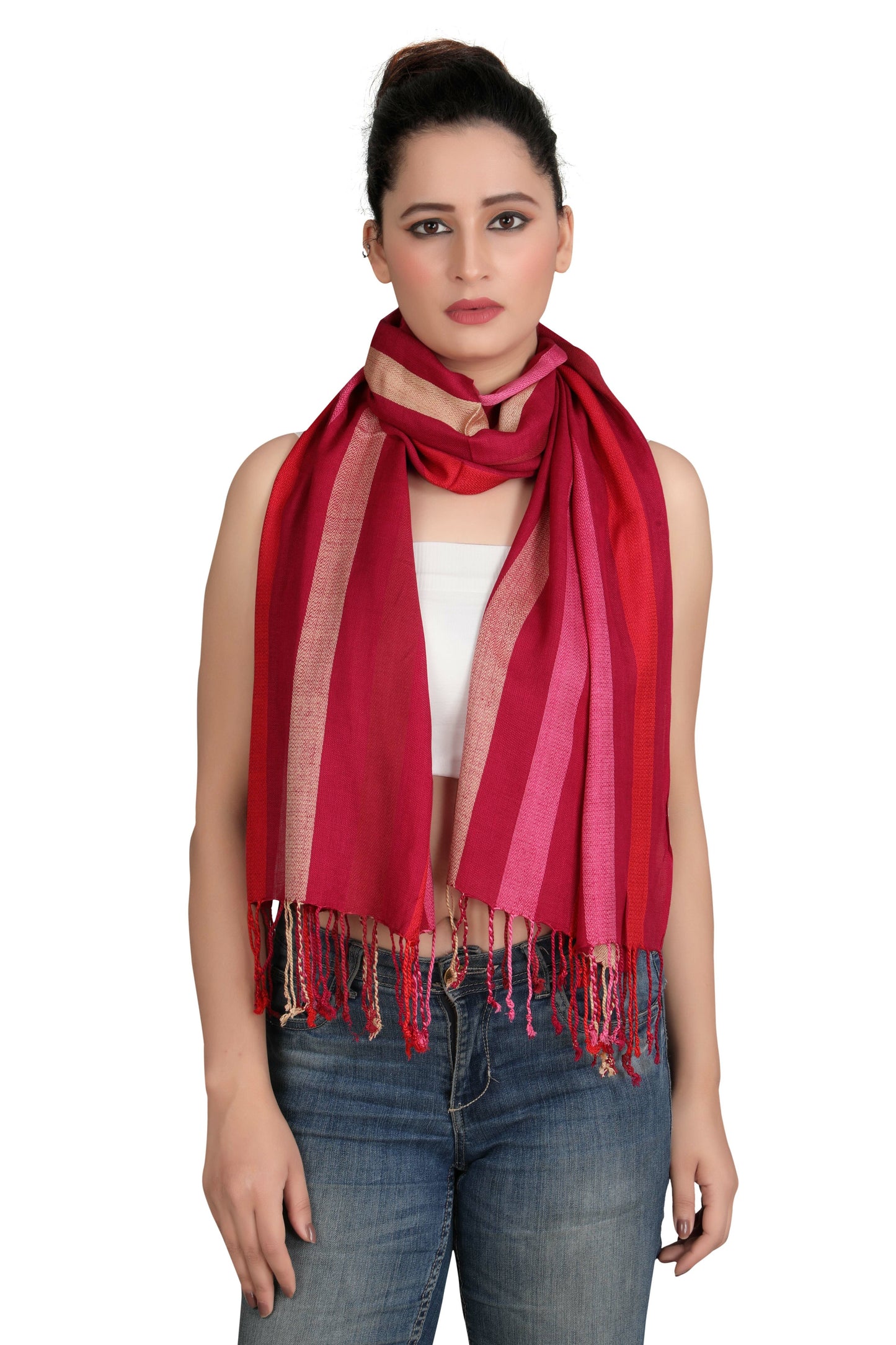 Red Striped Pattern Scarf Stole | Natural View