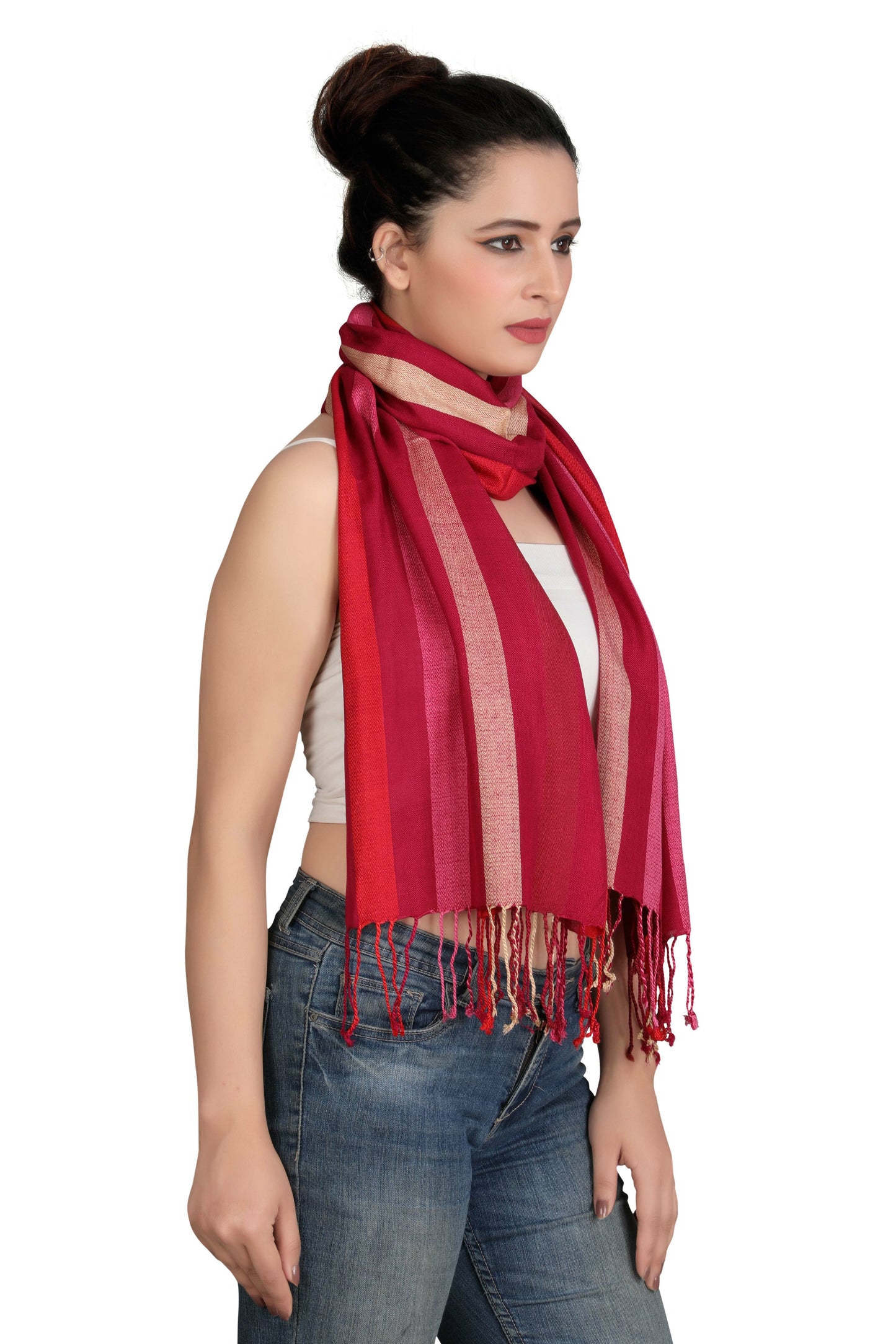Red Striped Pattern Scarf Stole | Natural View