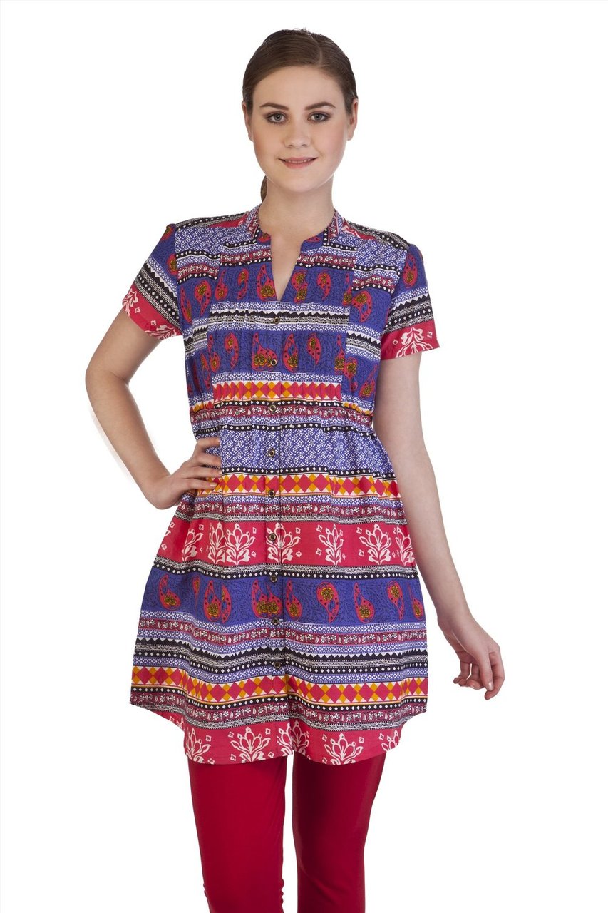MB Women's Indian Style Clothing Fitted Short Sleeve Kurta Tunic ÛÒ Blue Front