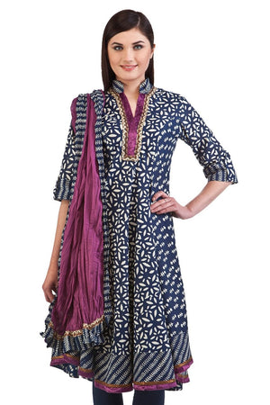 MB Women's Indian Clothing Ethnic Kurta Tunic Assymetrical Bias Cut 3 piece Suit ÛÒ Blue Front