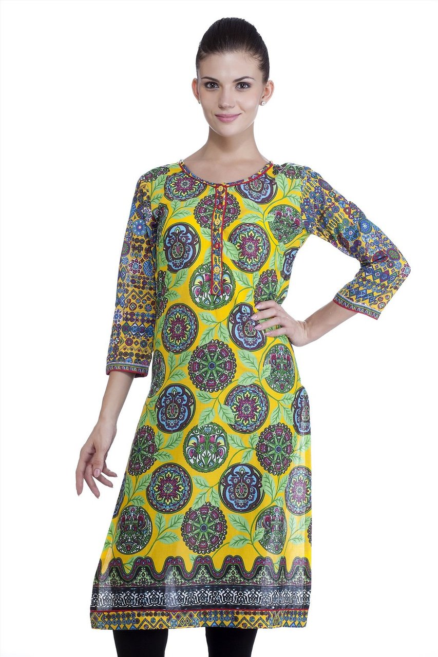MB Womens Ethnic Leaf Printed Kurta Tunic ÛÒ Yellow