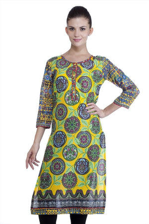 MB Womens Ethnic Leaf Printed Kurta Tunic ÛÒ Yellow
