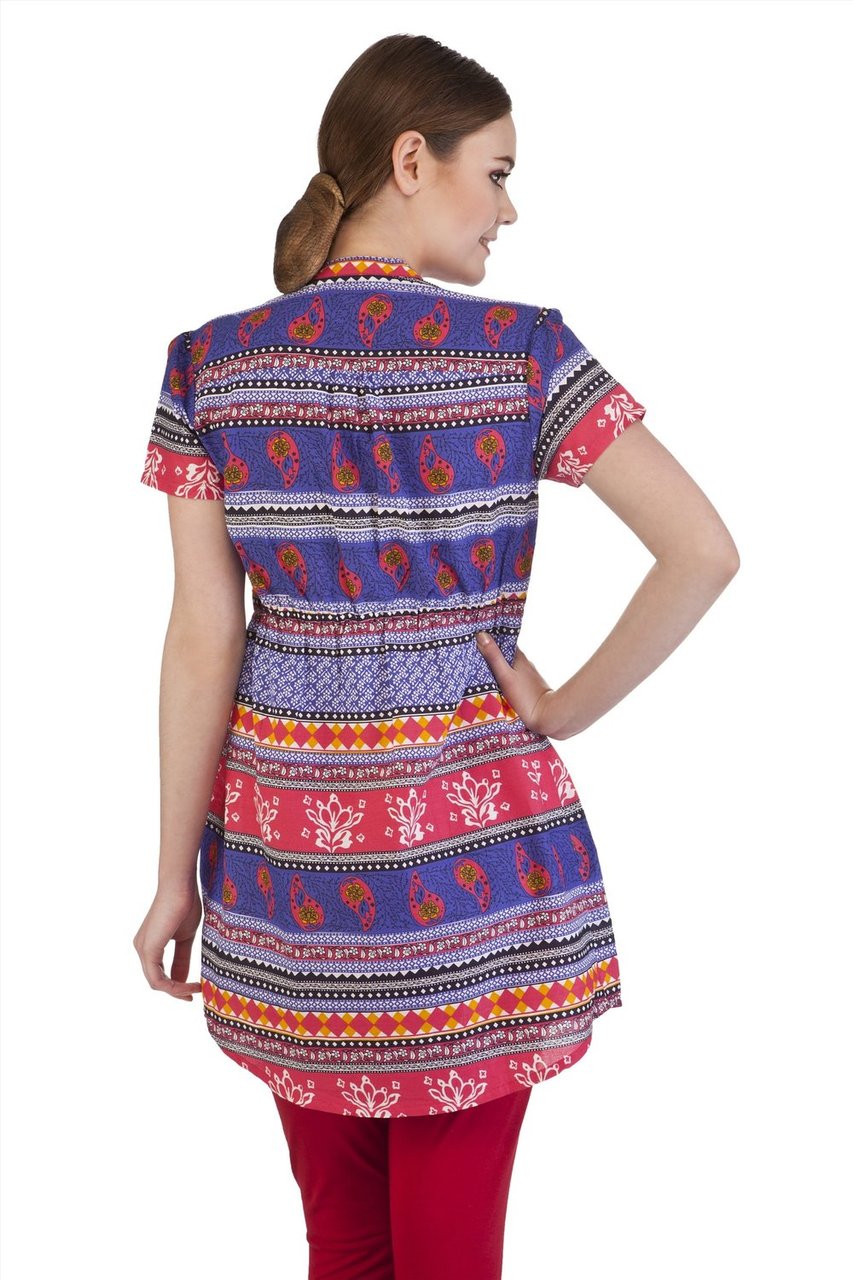 MB Women's Indian Style Clothing Fitted Short Sleeve Kurta Tunic ÛÒ Blue Back