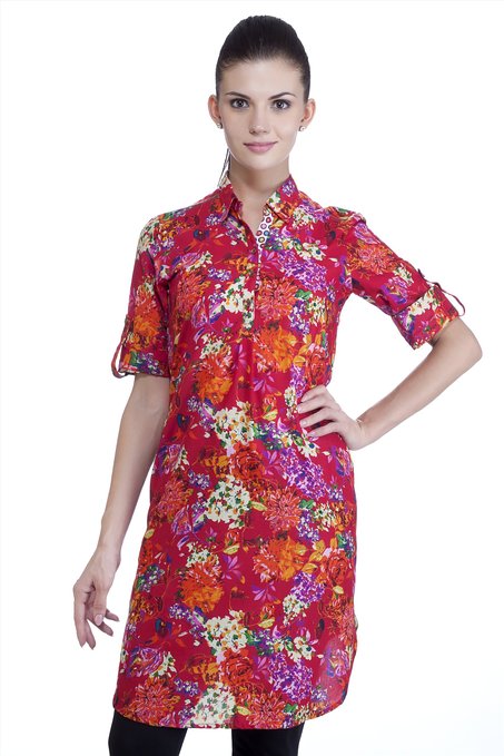 MB Womens Ethnic Floral Printed Tunic with Collar ÛÒ Red