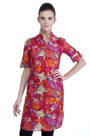 MB Womens Ethnic Floral Printed Tunic with Collar ÛÒ Red
