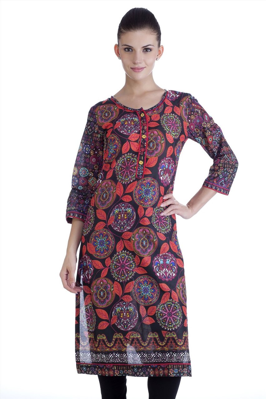 MB Womens Ethnic Leaf Printed Kurta Tunic ÛÒ Black