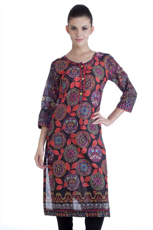 MB Womens Ethnic Leaf Printed Kurta Tunic ÛÒ Black