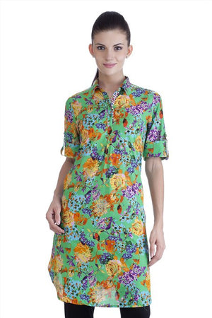 MB Womens Ethnic Floral Printed Tunic with Collar ÛÒ Green