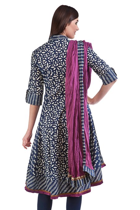 MB Women's Indian Clothing Ethnic Kurta Tunic Assymetrical Bias Cut 3 piece Suit ÛÒ Blue Back