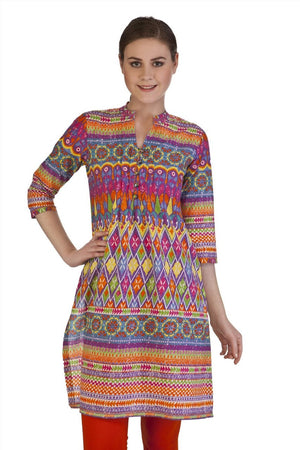 MB Women's Indian Style Clothing Kurta Tunic Top with Pastel Geometric Print ÛÒ Front