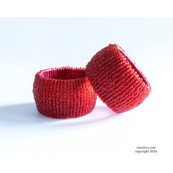 Handmade Finely Beaded Napkin Rings for Dinners, Weddings, Banquets, and Special Occasions; Red