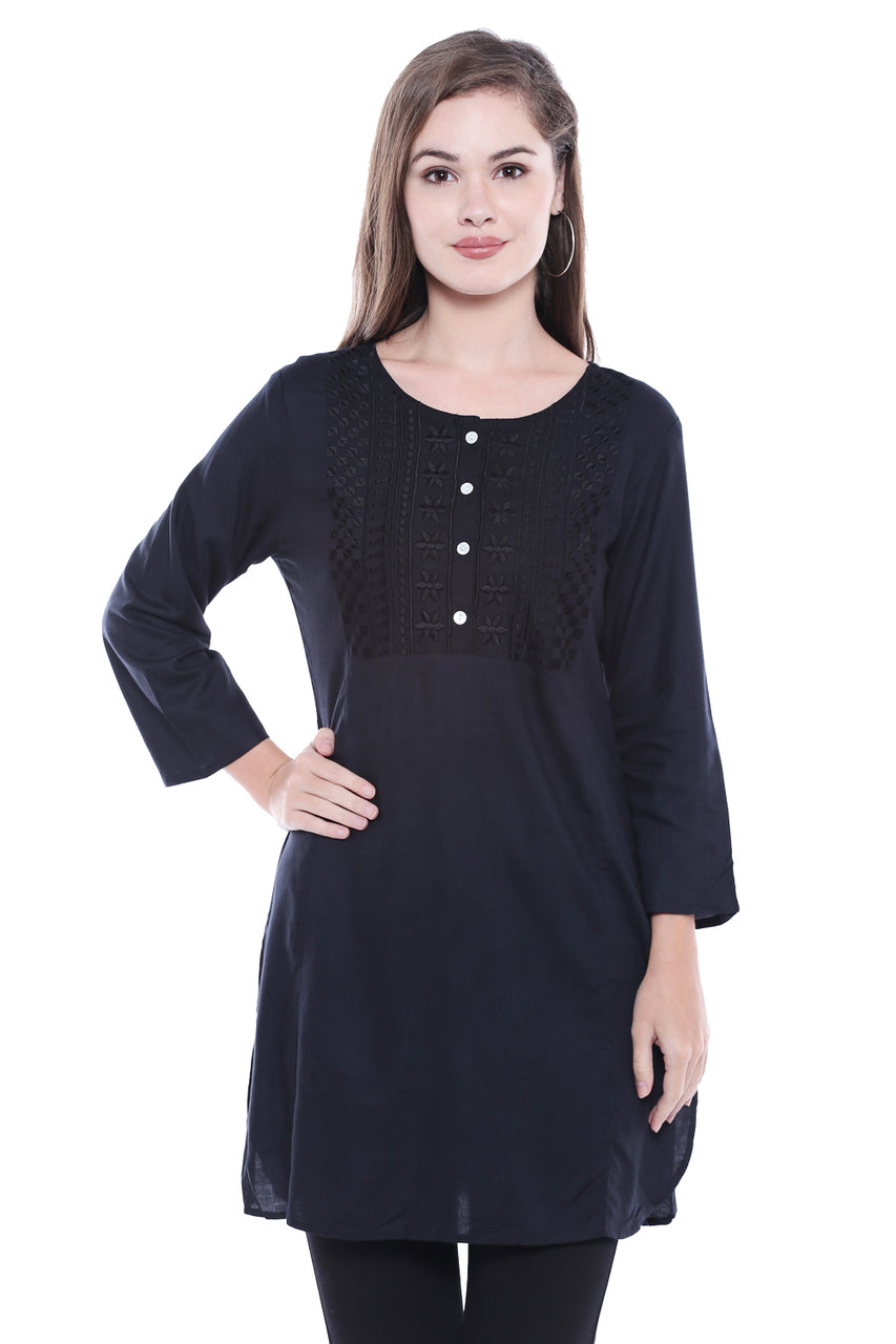 Women's Indian Short Kurta Tunic - Black | In-Sattva - Front