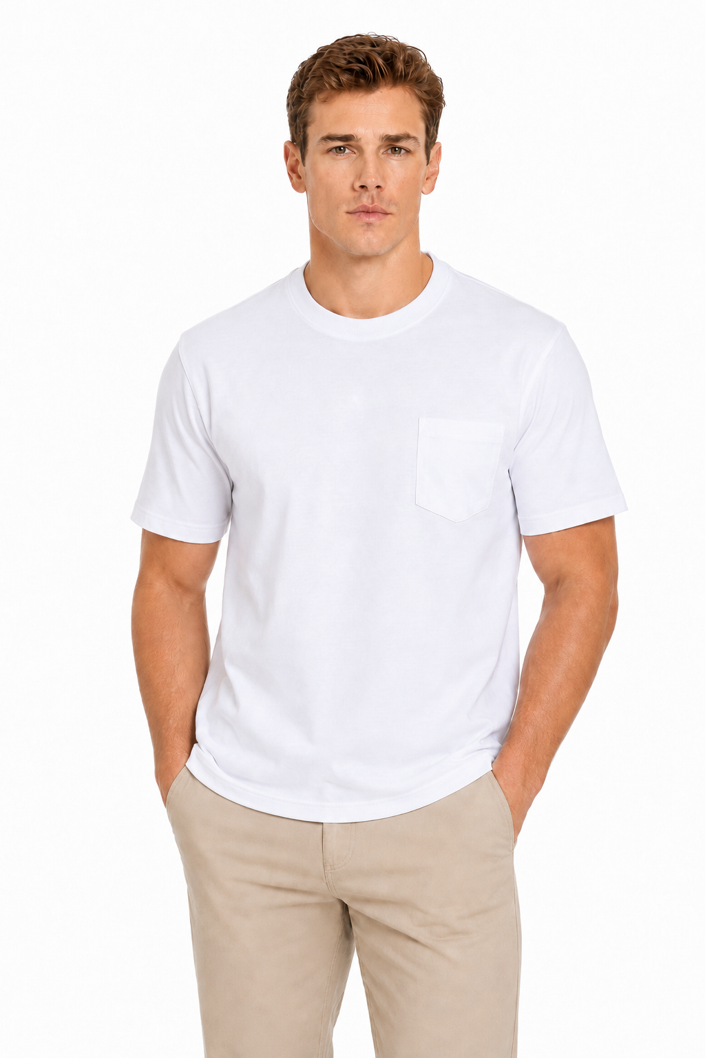 AVA Athletica Men's Cotton Classic Fit Round Neck Soft T-Shirt with Pocket Pure White