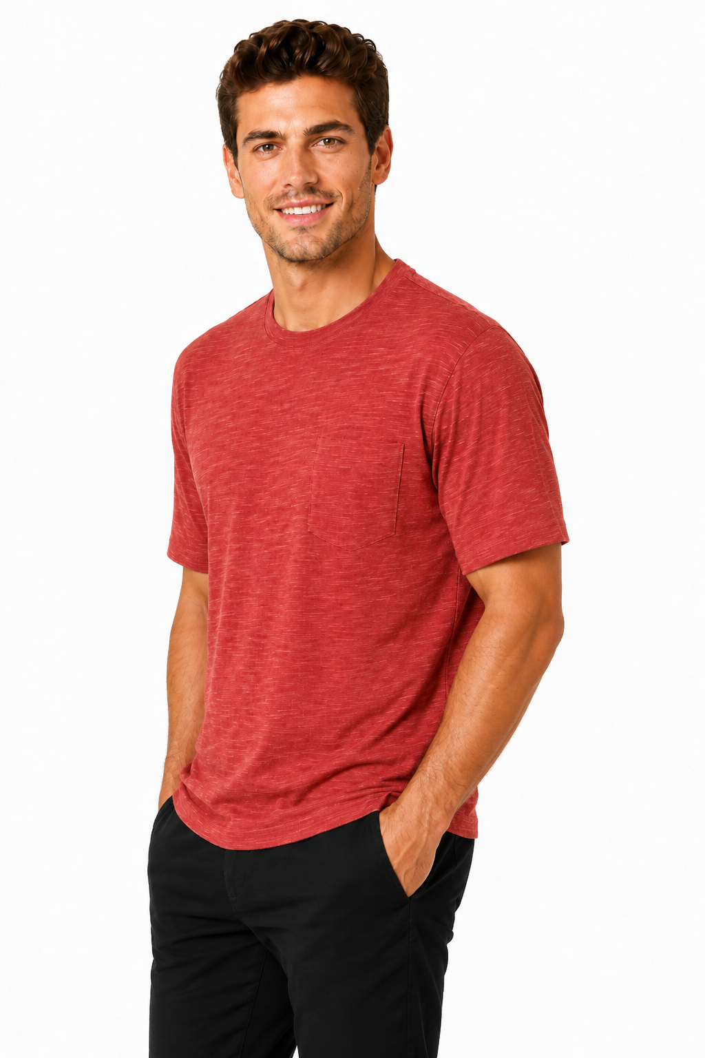 AVA Athletica Men's Round Neck Performance Wear Space Dyed Soft Tee with Pocket Brick Red