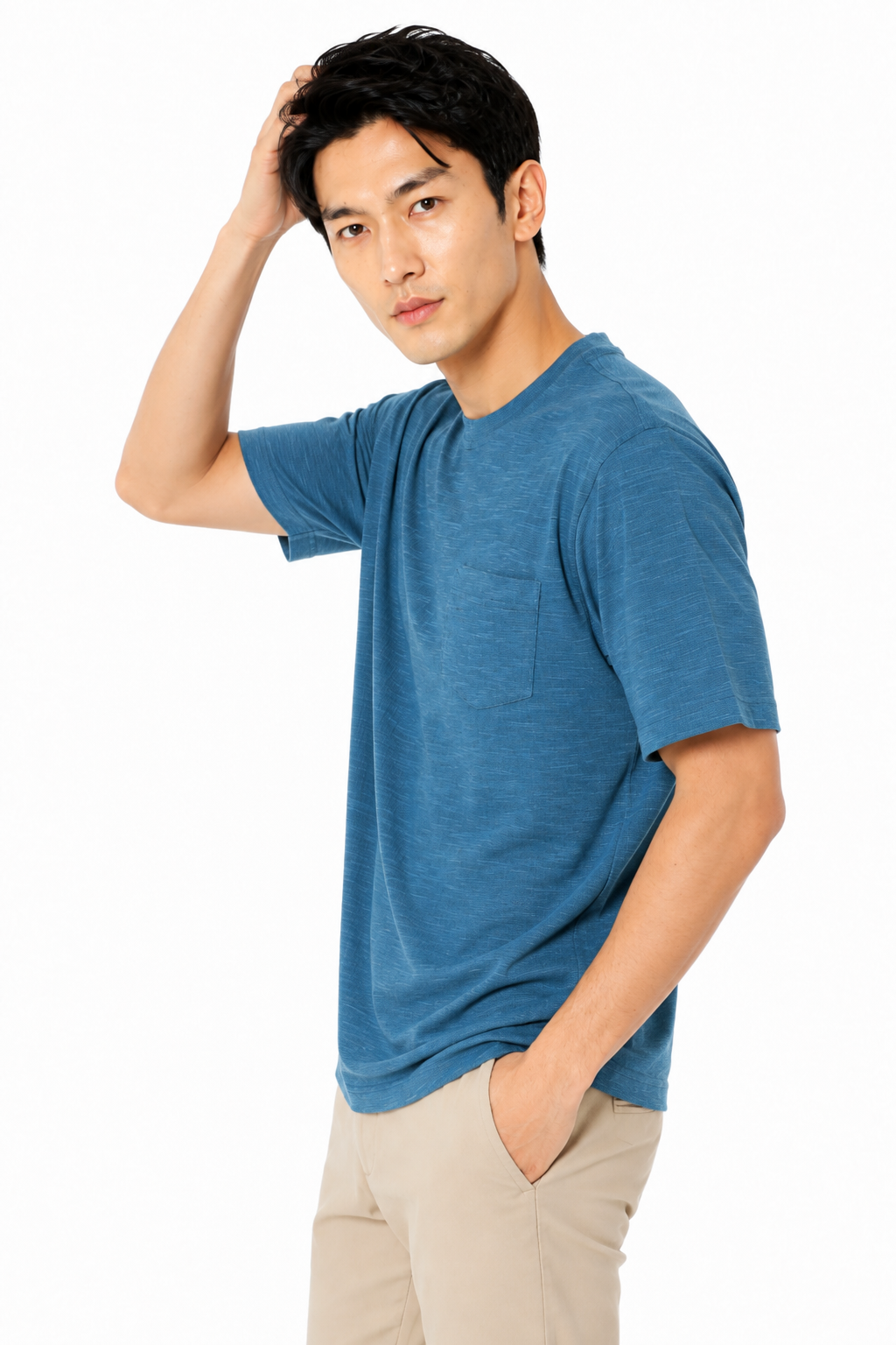 AVA Athletica Men's Round Neck Performance Wear Space Dyed Soft Tee with Pocket Mallard Blue