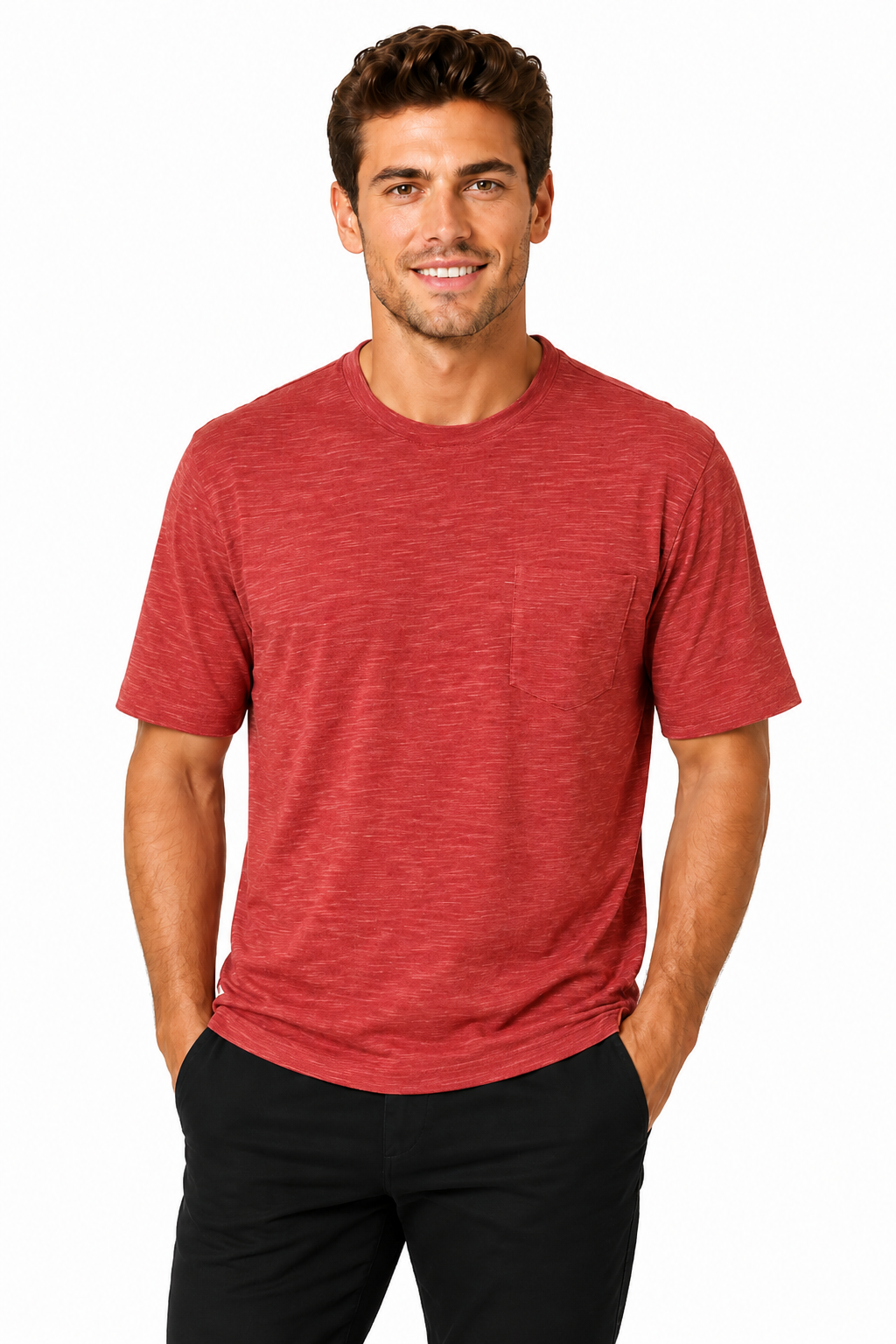 AVA Athletica Men's Round Neck Performance Wear Space Dyed Soft Tee with Pocket Brick Red