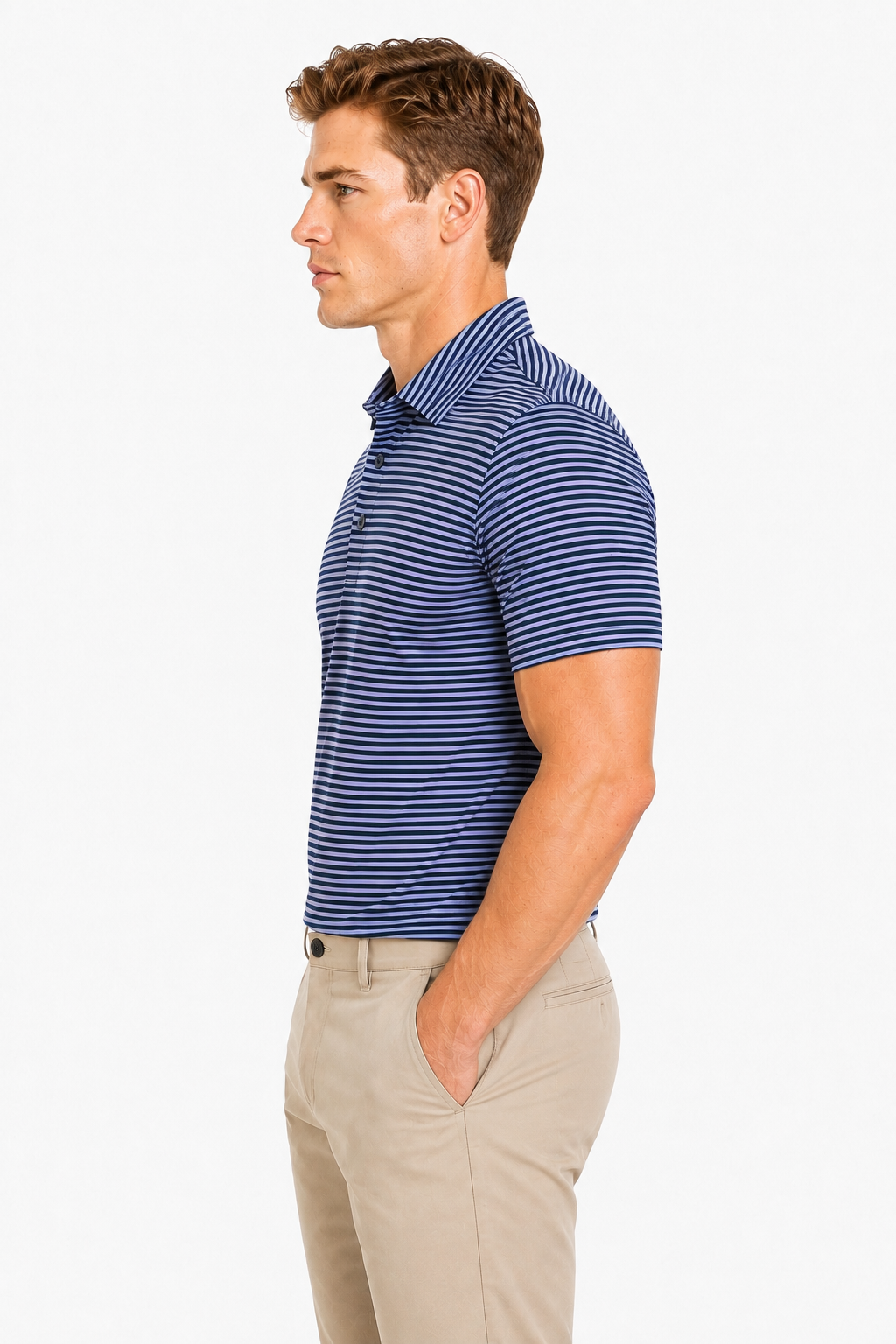 AVA Athletica Men's Polo Collar Moisture-Wick Active Wear Fine Striped T-Shirt Dark Blue