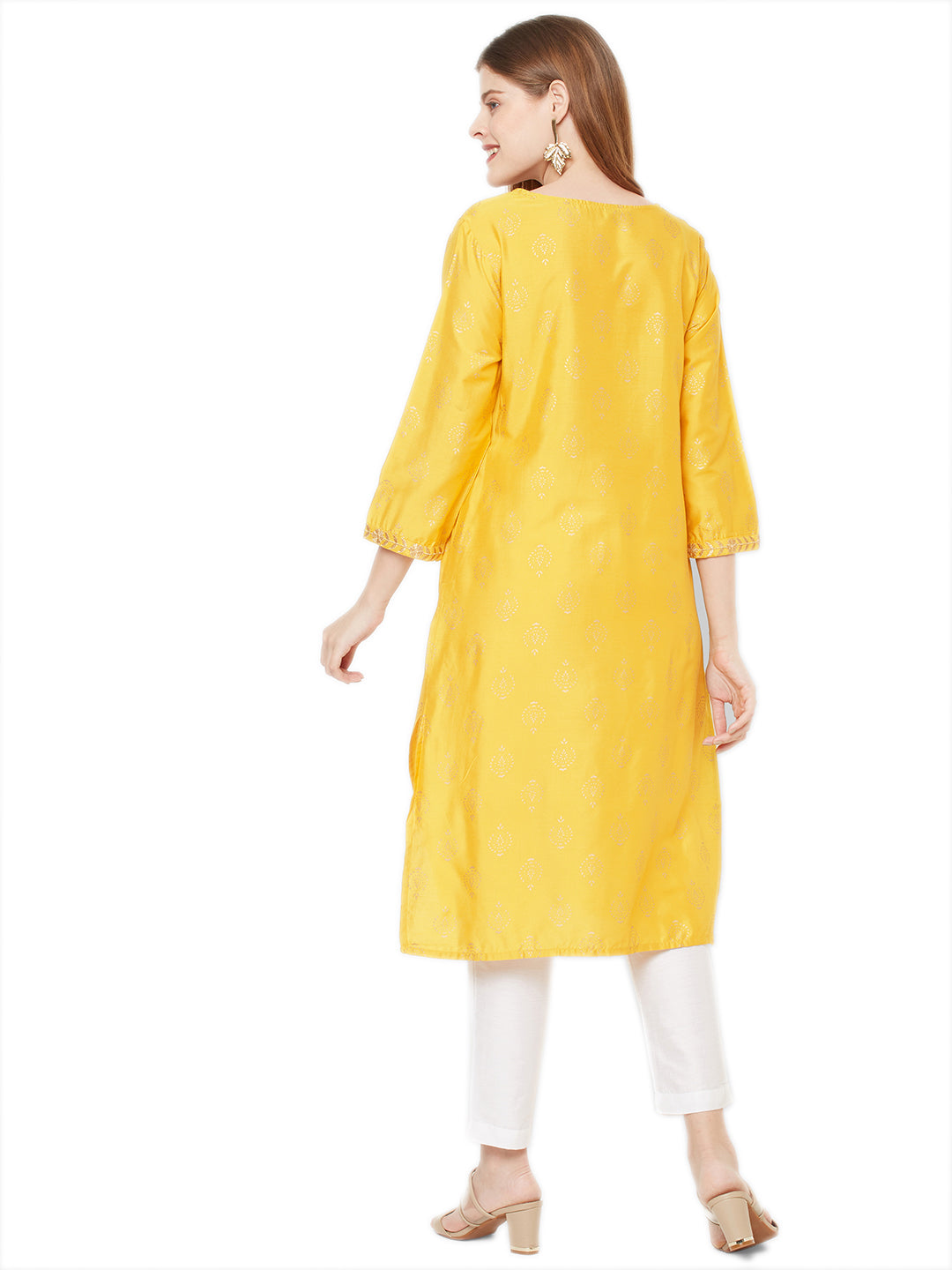 Sitayya Women's Golden Leaf Embroidered Neckline Block Print Sunshine Yellow Kurta Tunic | Back View