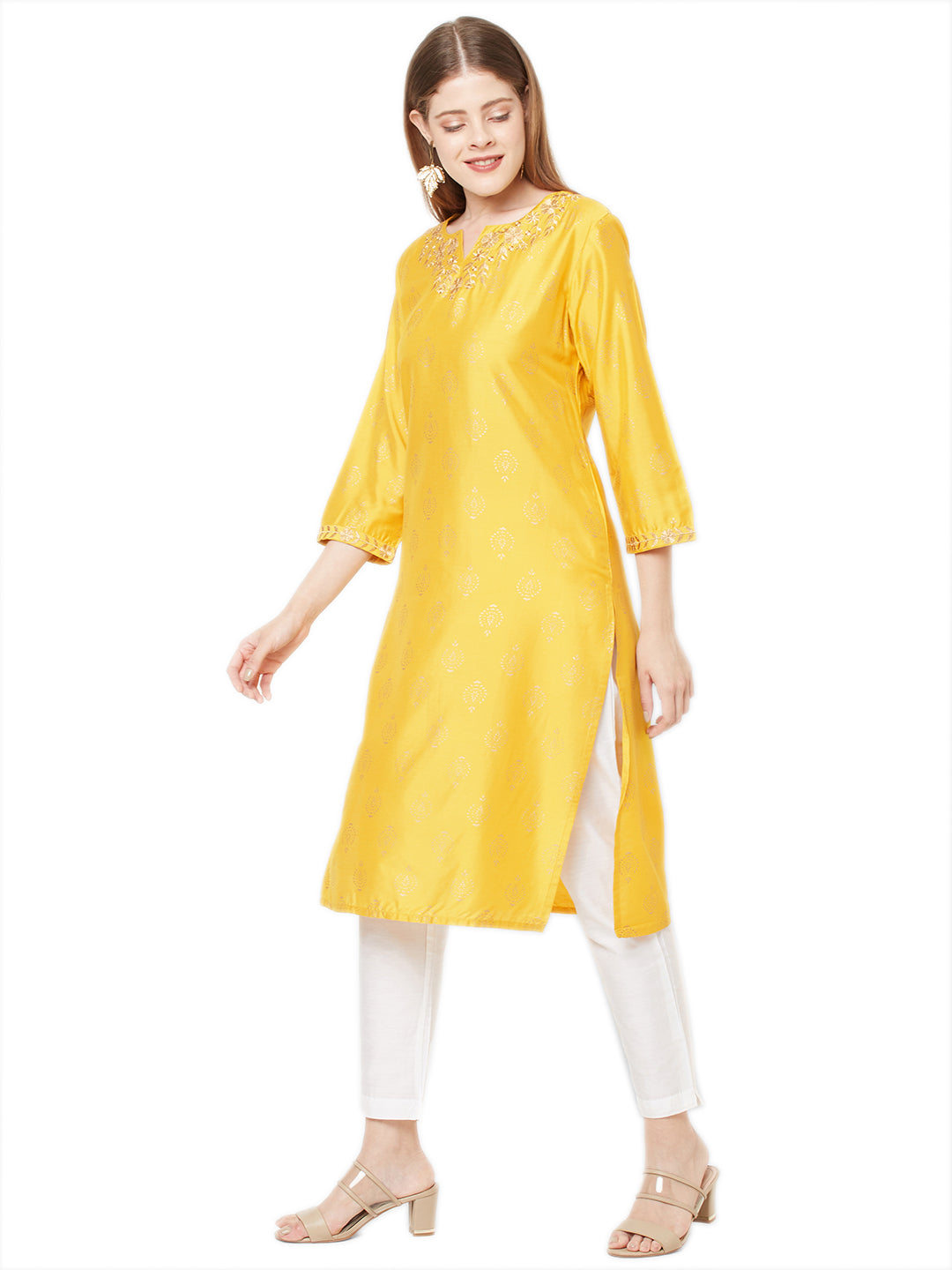 Sitayya Women's Golden Leaf Embroidered Neckline Block Print Sunshine Yellow Kurta Tunic | Right View