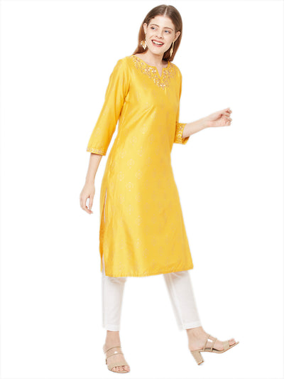 Sitayya Women's Golden Leaf Embroidered Neckline Block Print Sunshine Yellow Kurta Tunic | Left View