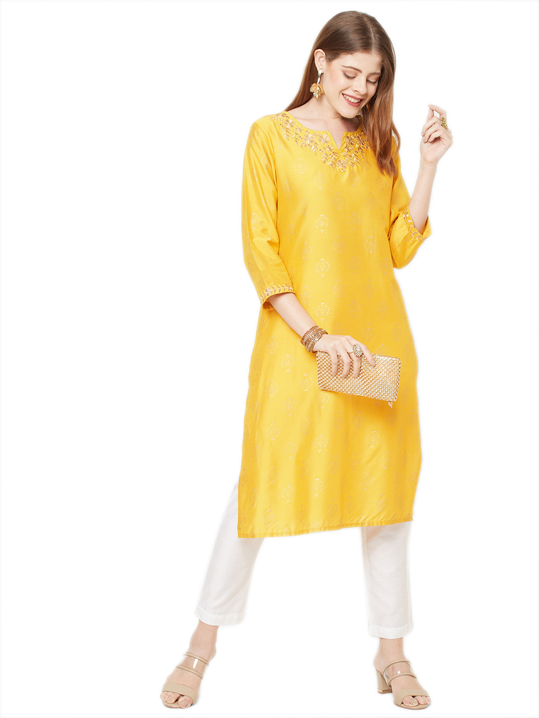 Sitayya Women's Golden Leaf Embroidered Neckline Block Print Sunshine Yellow Kurta Tunic | Lifestyle Image