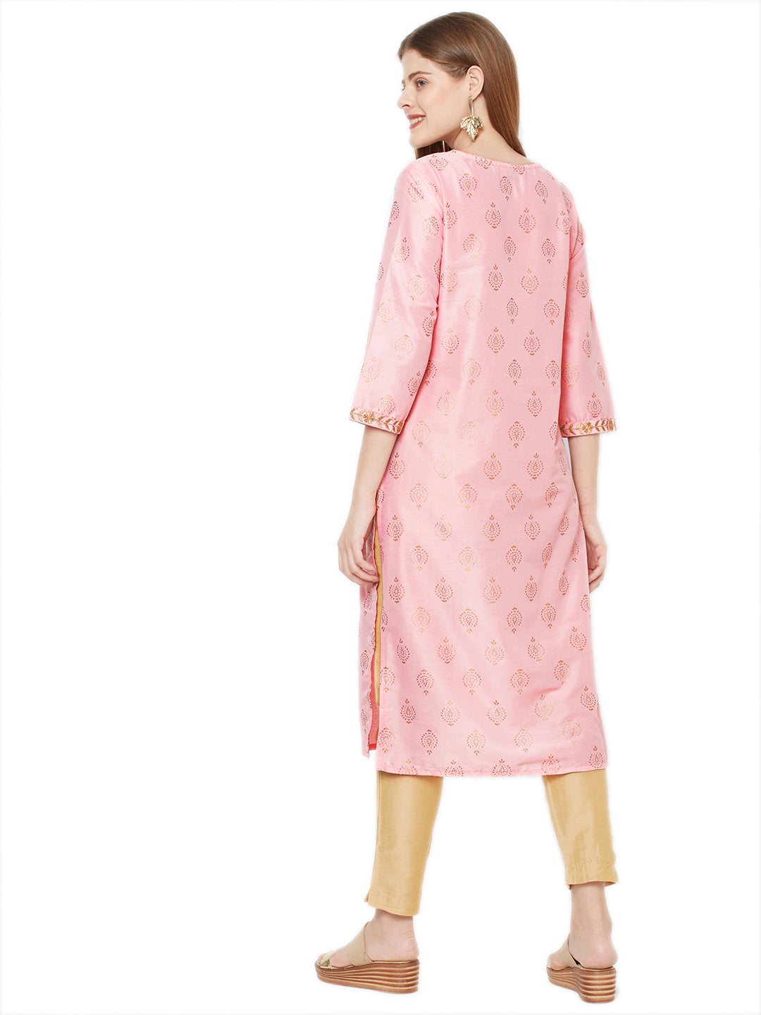 Sitayya Women's Golden Leaf Embroidered Neckline Block Print Rose Pink Kurta Tunic | Back View