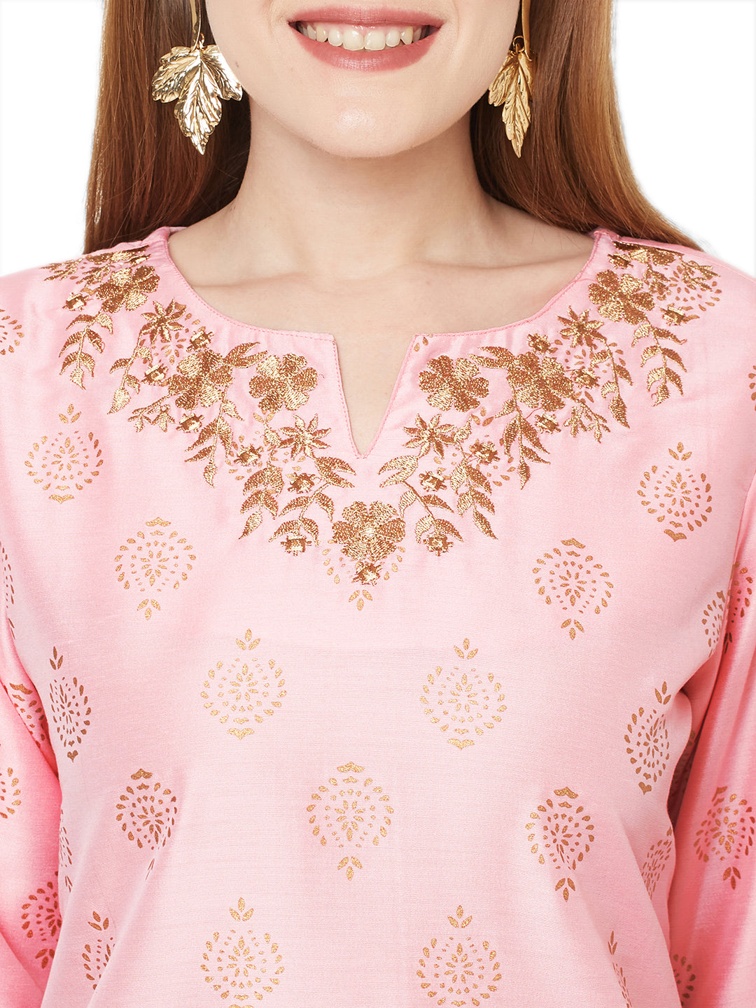 Sitayya Women's Golden Leaf Embroidered Neckline Block Print Rose Pink Kurta Tunic | Close-up View