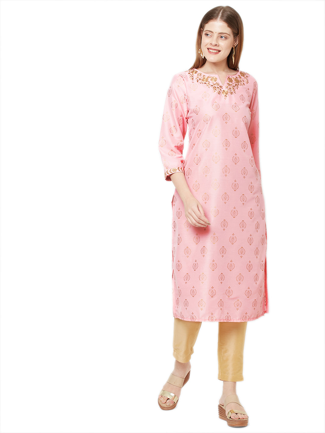 Sitayya Women's Golden Leaf Embroidered Neckline Block Print Rose Pink Kurta Tunic | Main Image
