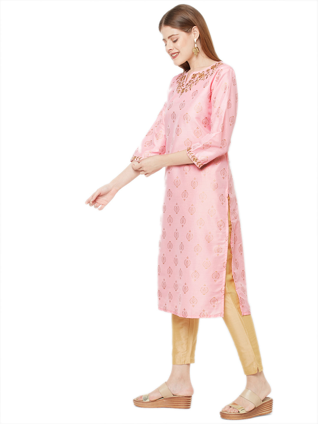 Sitayya Women's Golden Leaf Embroidered Neckline Block Print Rose Pink Kurta Tunic | Right View