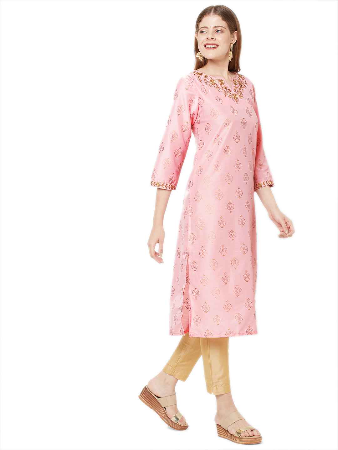 Sitayya Women's Golden Leaf Embroidered Neckline Block Print Rose Pink Kurta Tunic | Left View