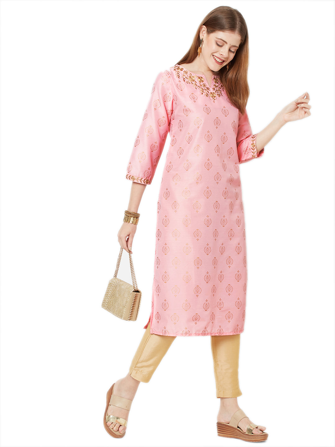 Sitayya Women's Golden Leaf Embroidered Neckline Block Print Rose Pink Kurta Tunic | Lifestyle Image